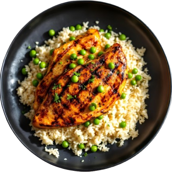 Grilled chicken breast with rice and peas