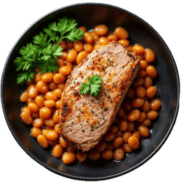 Grilled pork neck with baked beans