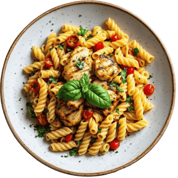 Salad with grilled chicken, vegetables and pasta