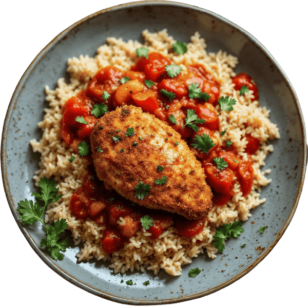 Breaded chicken thigh with vegetable rice
