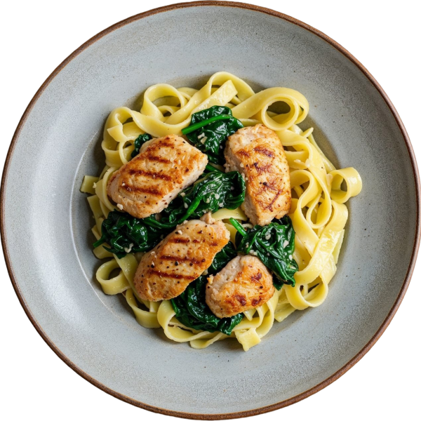 Chicken with spinach and wide noodles