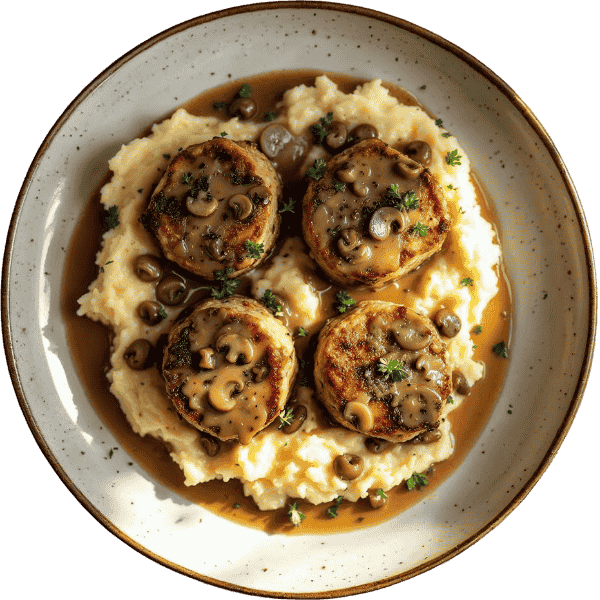 Pork medallions in mushroom sauce with mashed potatoes