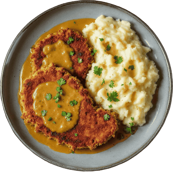 Beef schnitzels in mustard sauce with mashed potatoes