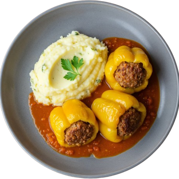 Stuffed pepper with mashed potatoes and tomatoe sauce