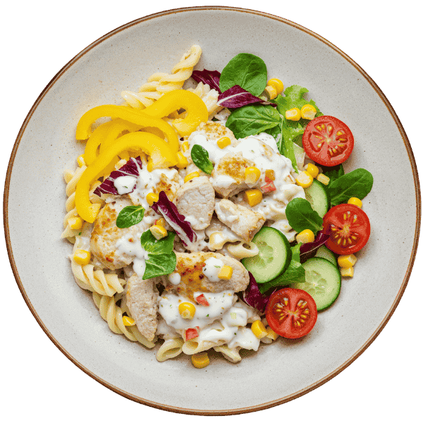 Cold chicken and sweet potatoe pasta salad in yogurt dressing