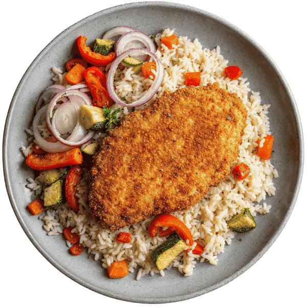 Breaded chicken with vegetables and rice