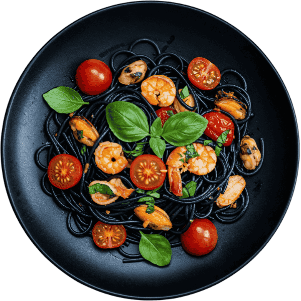 Seafood with black tagliatelle in tomato sauce