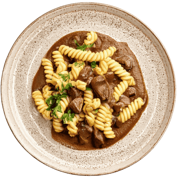 Beef in dark sauce with mushrooms and pasta
