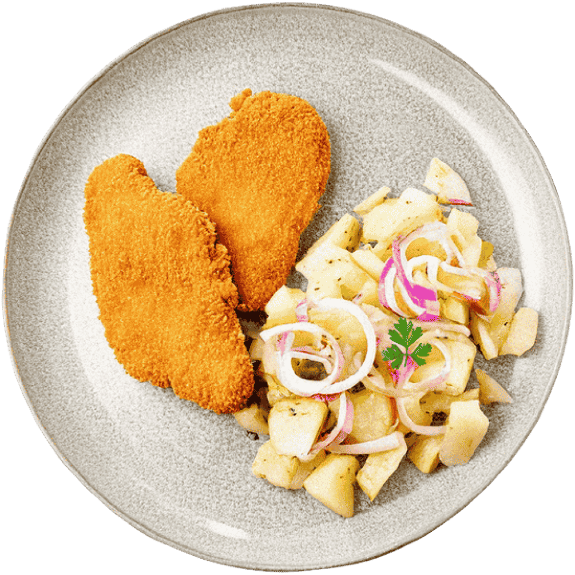 Fried chiken breasts with potatoe salad