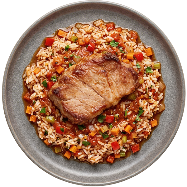 Pork chop in vegetable sauce with sidedish