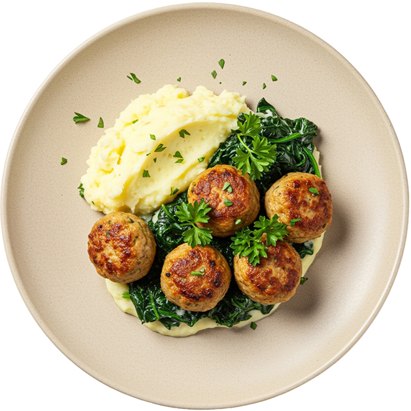 cHICKEN MEATBALLS WITH CREAMED spinach and mashed potatoes