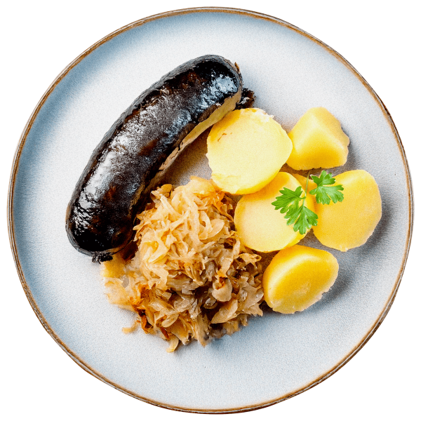 Blood sausages with braised cabbage and boiled potatoes