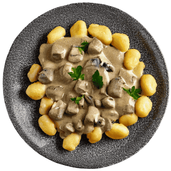 Kockice pilećeg filea u kremastom umaku od šampinjona s njokima