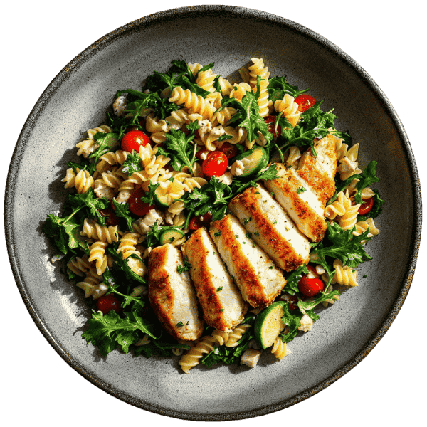 Salata od pilećeg filea s povrćem, tjesteninom i rikulom u Kloppa dresingu