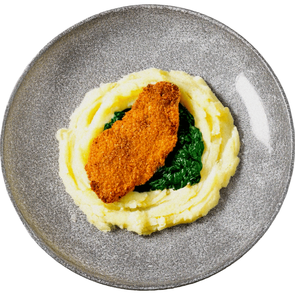 Breaded chicken with mashed potatoes and spinach