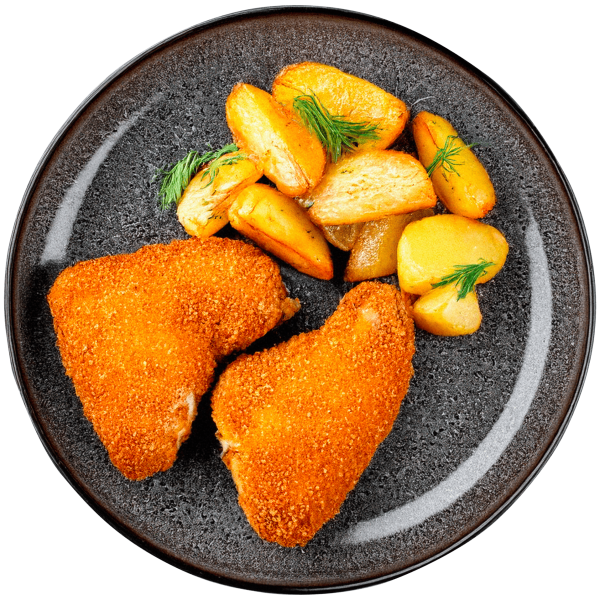 Breaded chicken thigh with roasted potatoes