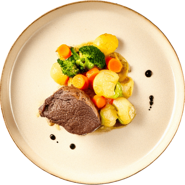 Slow-roasted veal neck with boiled vegetables