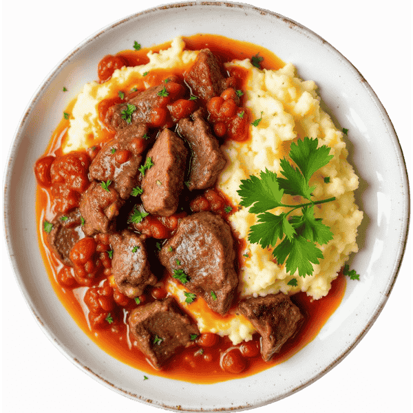 Lešo junetina u paradajz sosu s pire krumpirom